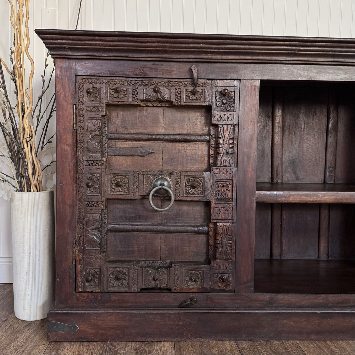 Vintage Hand-Carved Solid Wood Credenza, Sideboard, or Media Console