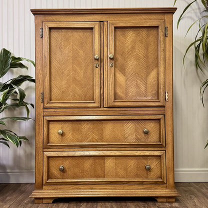 Vintage Herringbone Parquet Oak Highboy Dresser