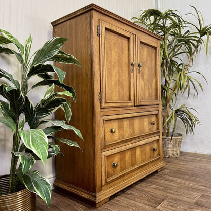 Vintage Herringbone Parquet Oak Highboy Dresser