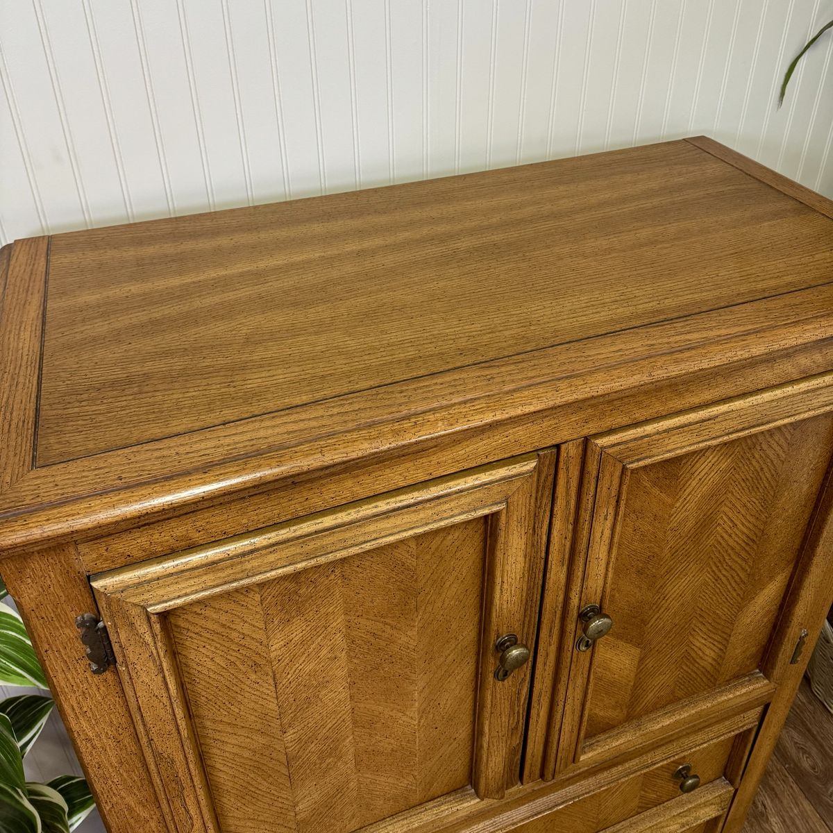 Vintage Herringbone Parquet Oak Highboy Dresser