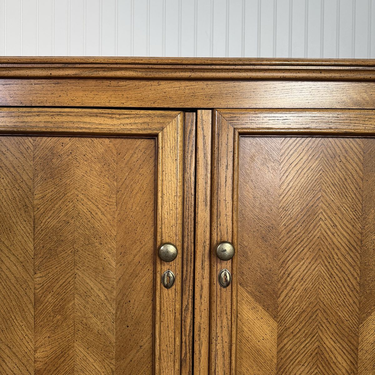 Vintage Herringbone Parquet Oak Highboy Dresser