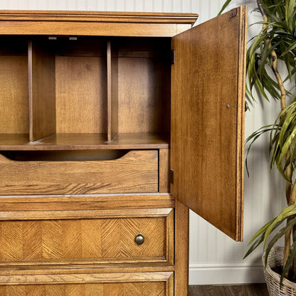 Vintage Herringbone Parquet Oak Highboy Dresser