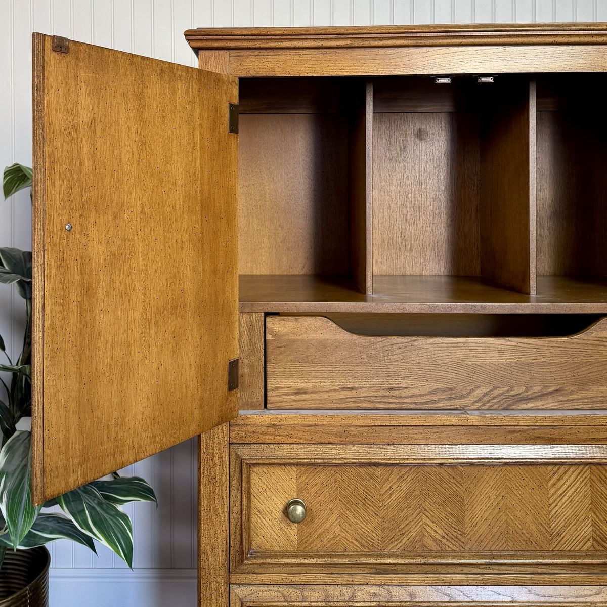 Vintage Herringbone Parquet Oak Highboy Dresser