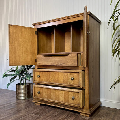 Vintage Herringbone Parquet Oak Highboy Dresser