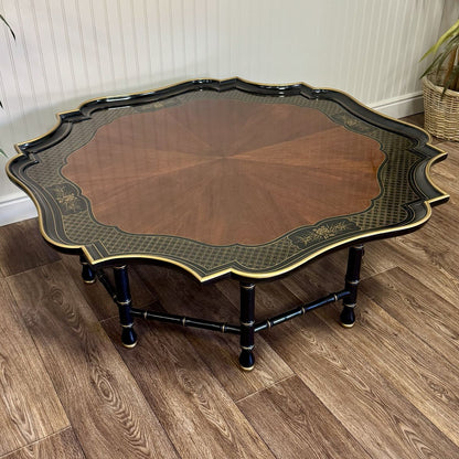 Vintage Hollywood Regency Black Lacquer Chinoiserie Coffee Table