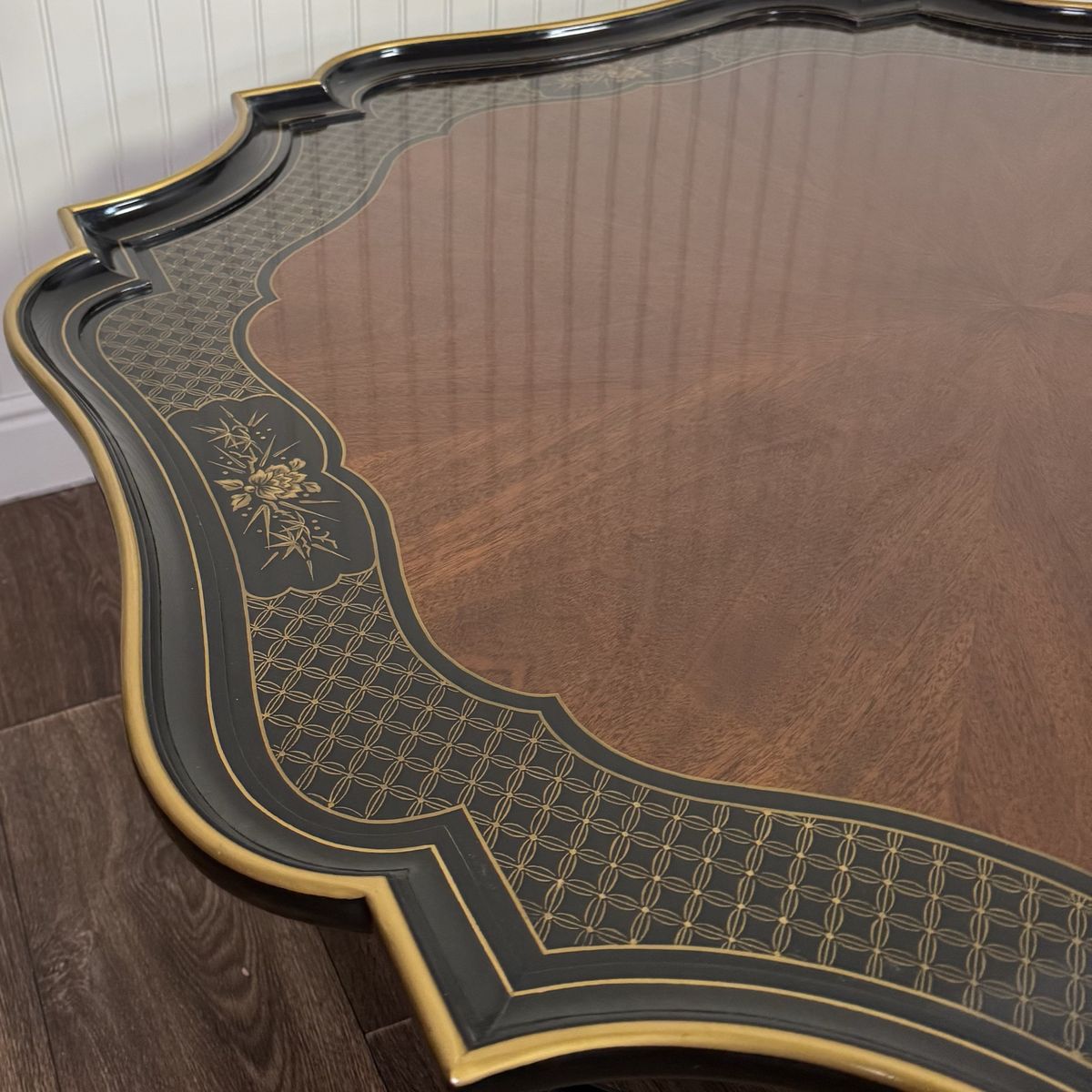 Vintage Hollywood Regency Black Lacquer Chinoiserie Coffee Table