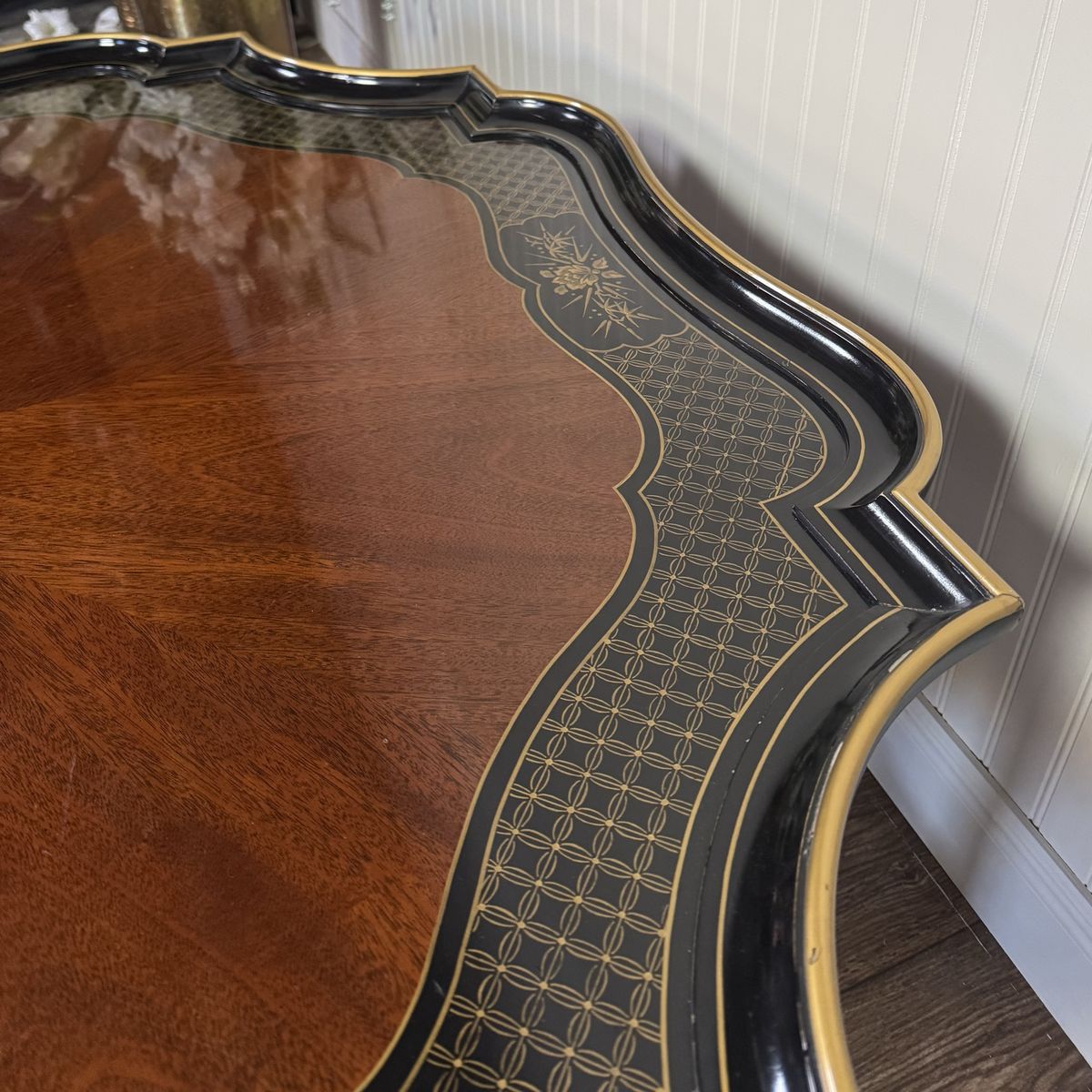 Vintage Hollywood Regency Black Lacquer Chinoiserie Coffee Table