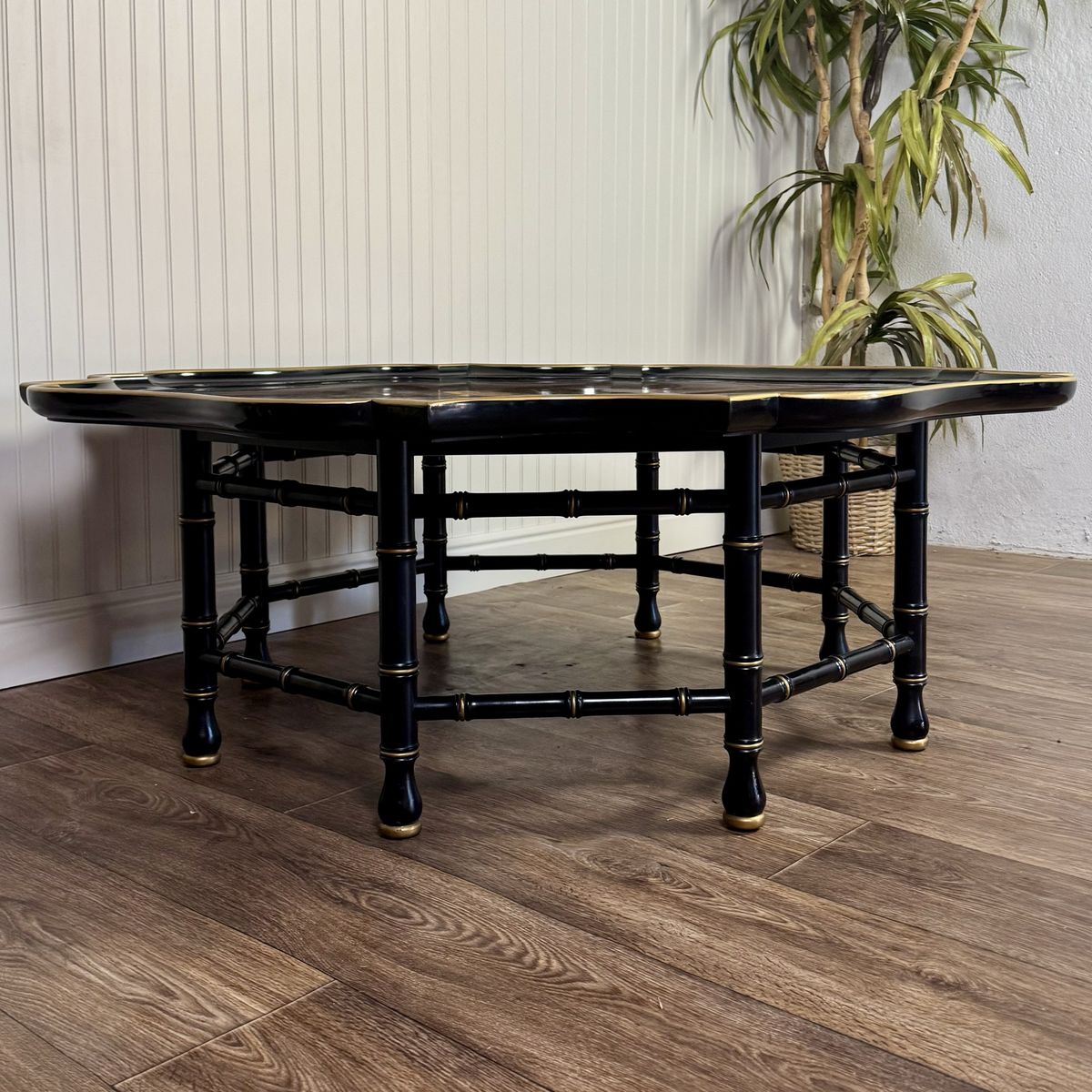 Vintage Hollywood Regency Black Lacquer Chinoiserie Coffee Table