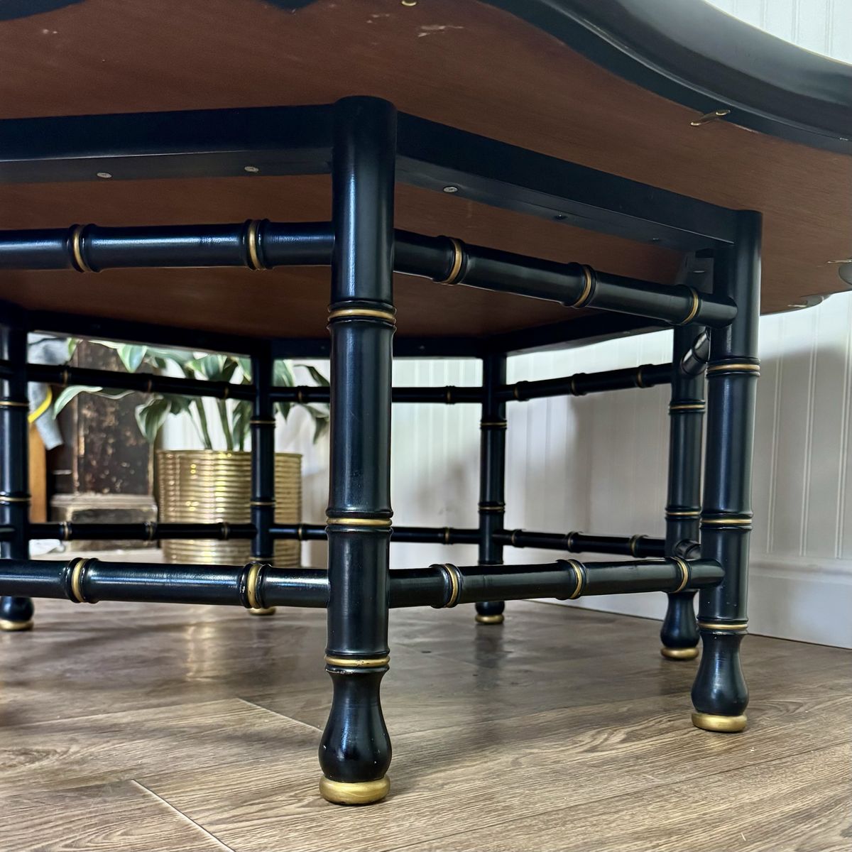 Vintage Hollywood Regency Black Lacquer Chinoiserie Coffee Table