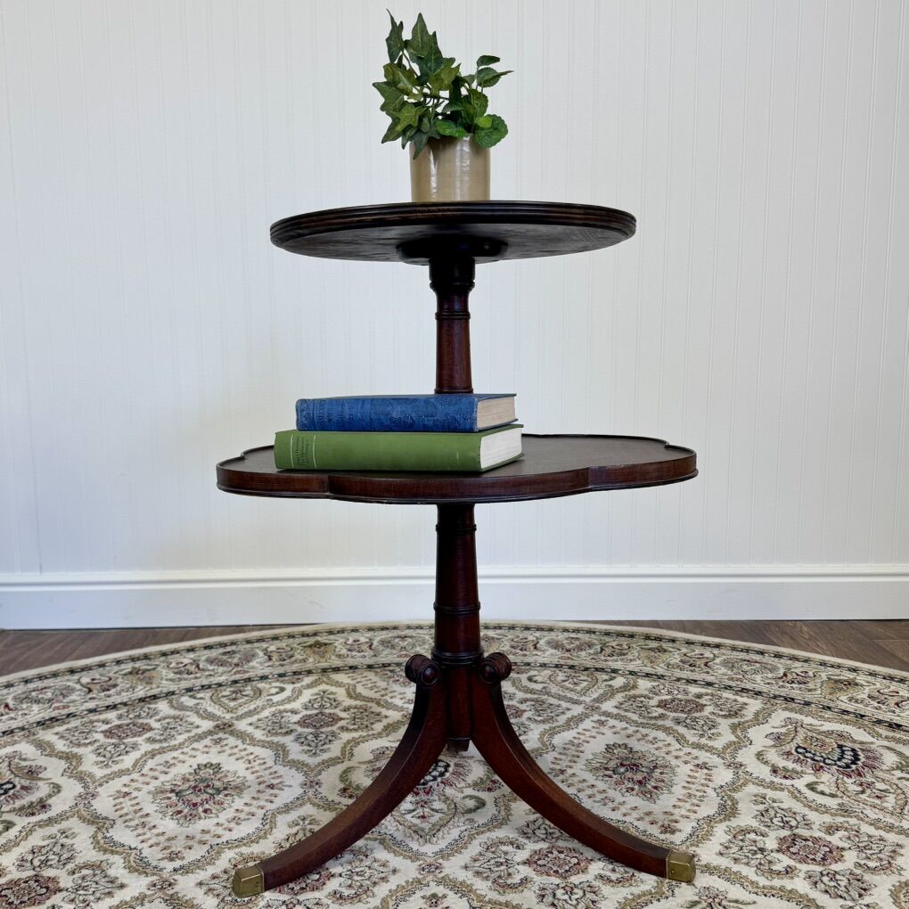 Vintage Mahogany 2-Tier Pedestal Side Table