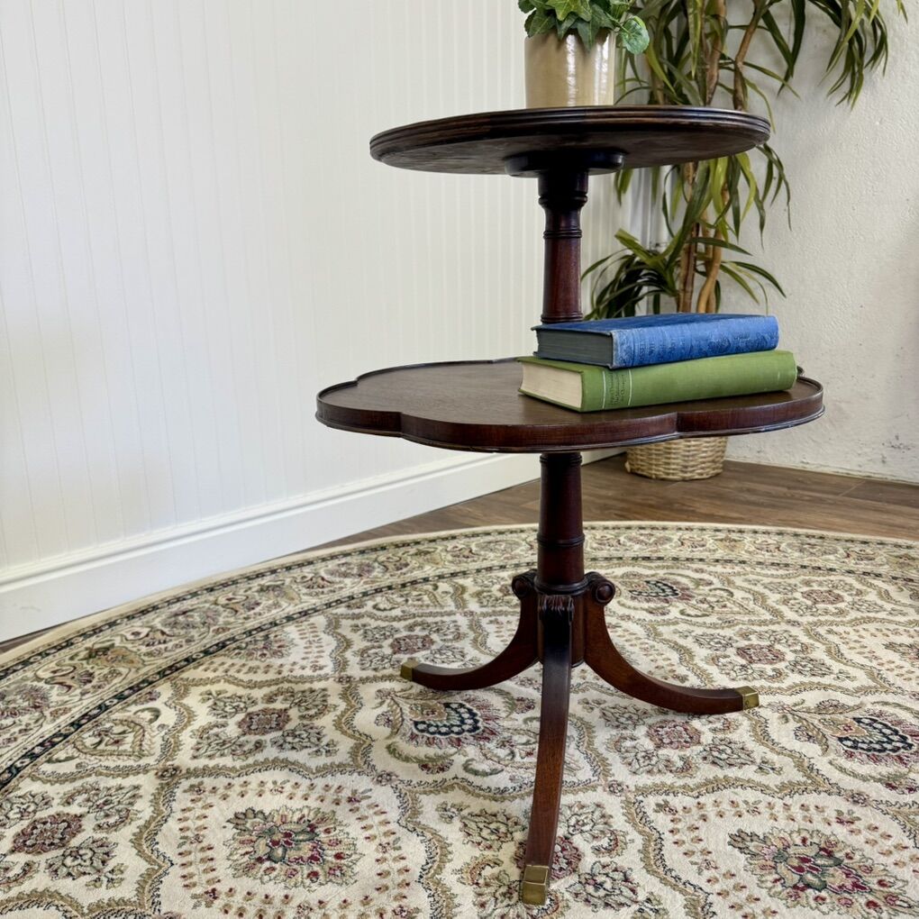 Vintage Mahogany 2-Tier Pedestal Side Table