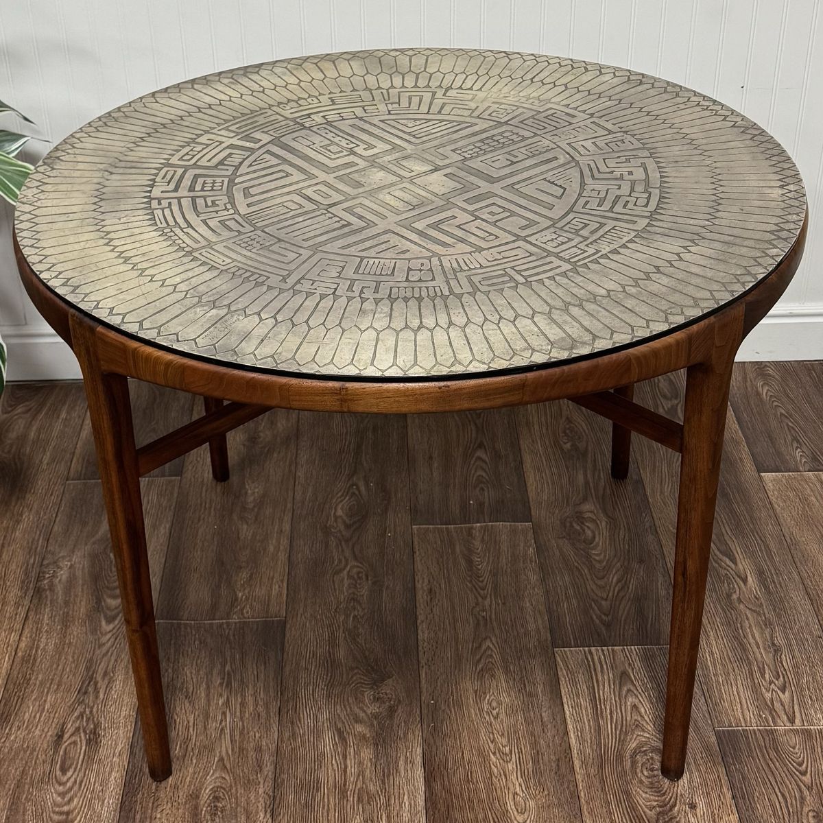 Vintage MCM Brutalist Italian Pewter Top Table w/ Walnut Base