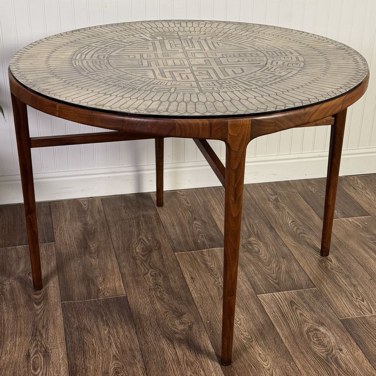 Vintage MCM Brutalist Italian Pewter Top Table w/ Walnut Base