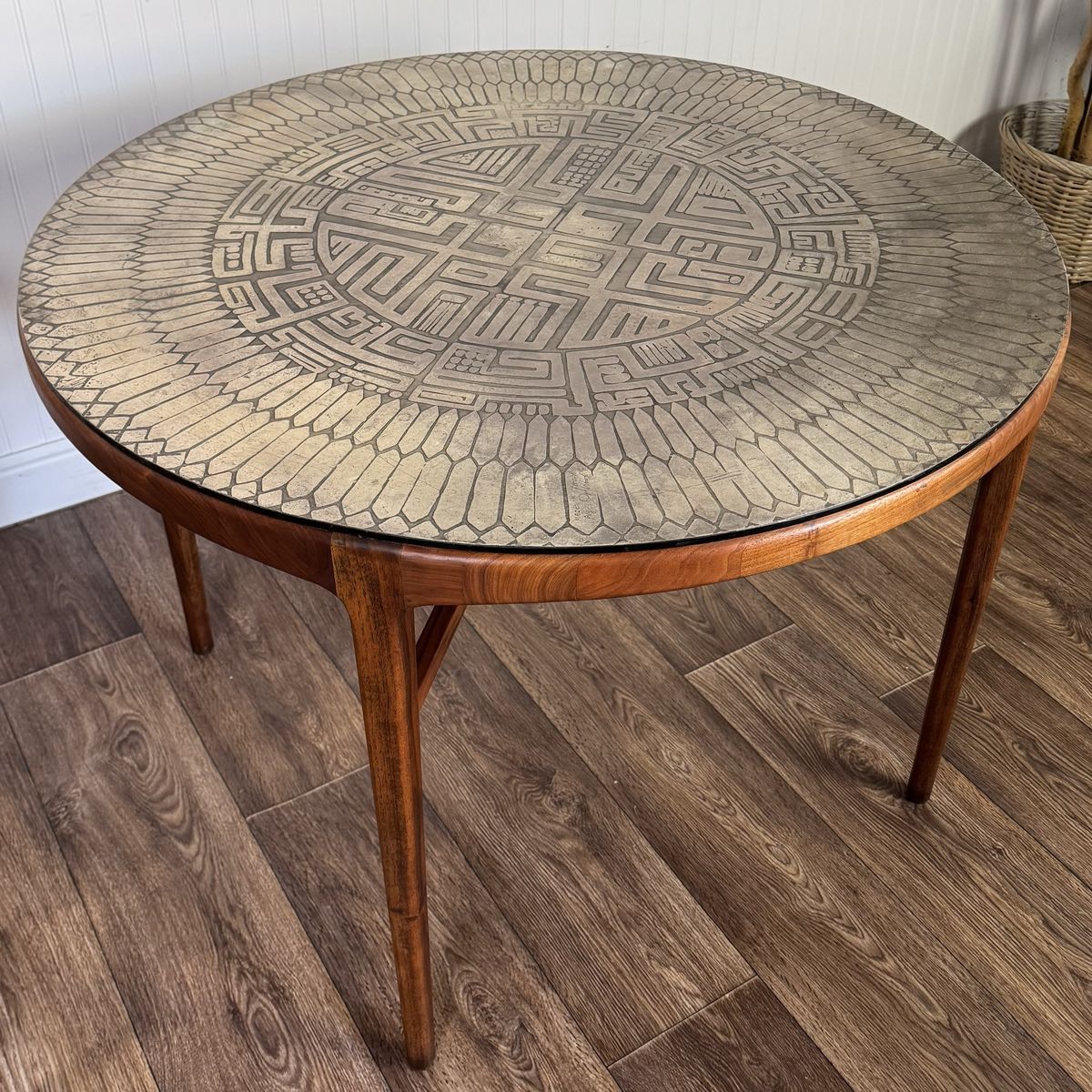 Vintage MCM Brutalist Italian Pewter Top Table w/ Walnut Base