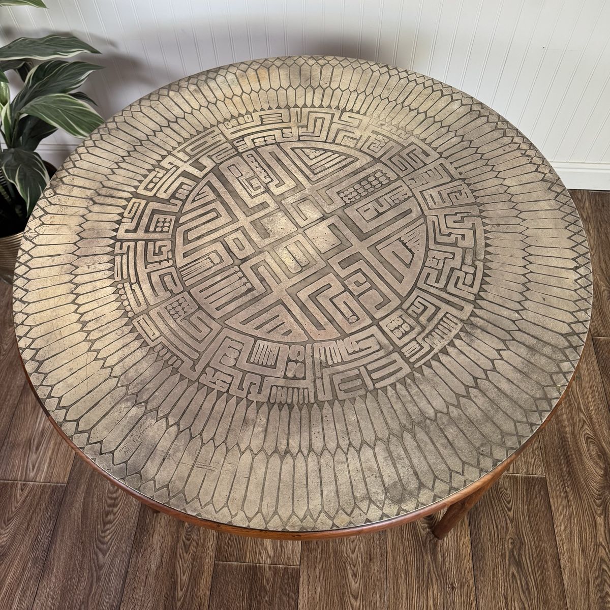 Vintage MCM Brutalist Italian Pewter Top Table w/ Walnut Base