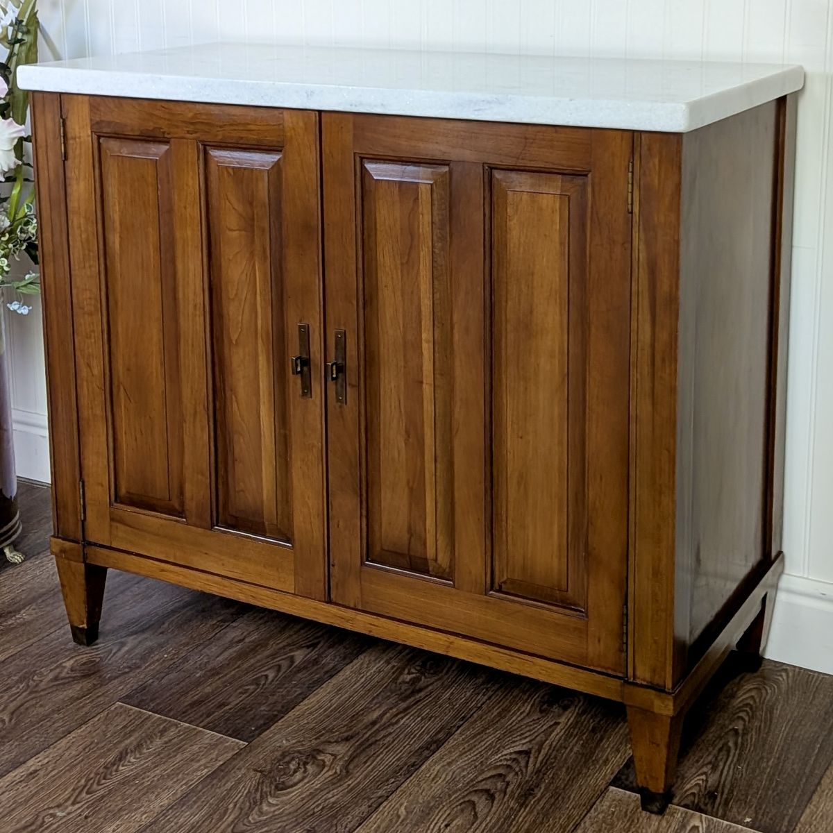Right angle view of vintage Mid Century Brandt Marble Top Cabinet