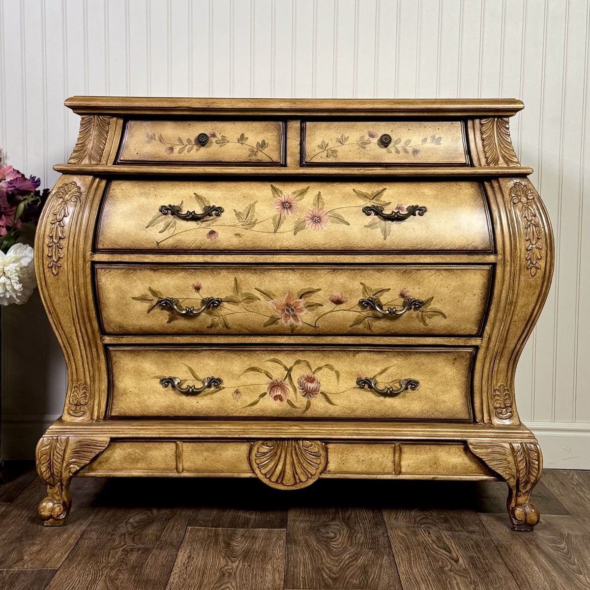 Vintage Painted Floral Bombe Chest of Drawers