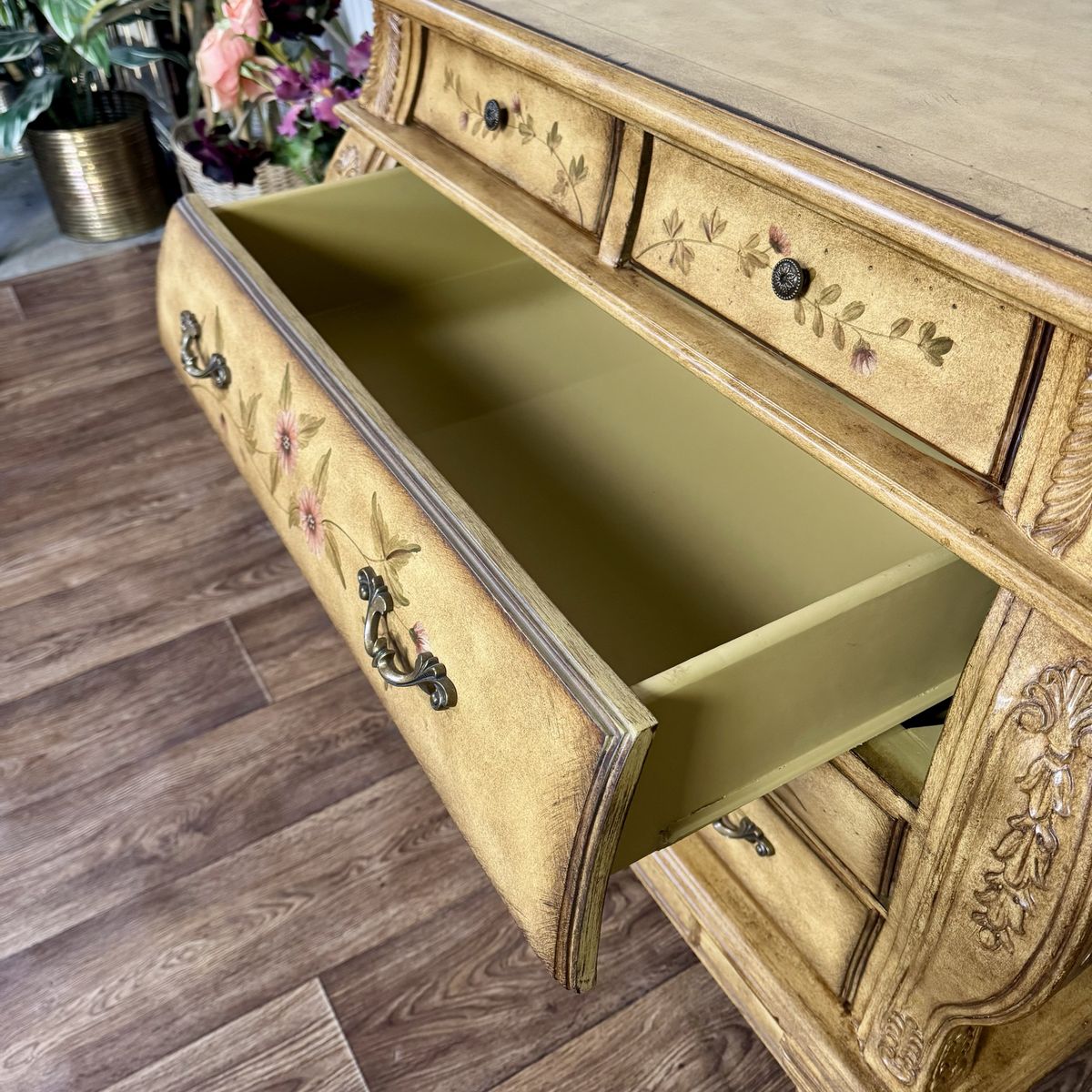 Vintage Painted Floral Bombe Chest of Drawers