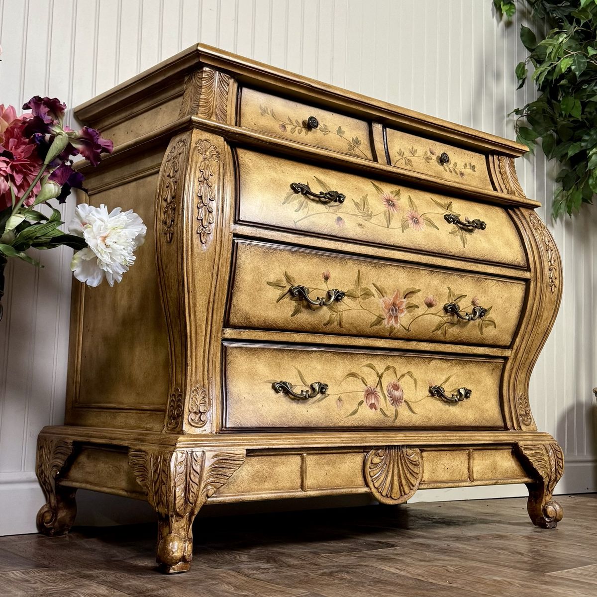 Vintage Painted Floral Bombe Chest of Drawers