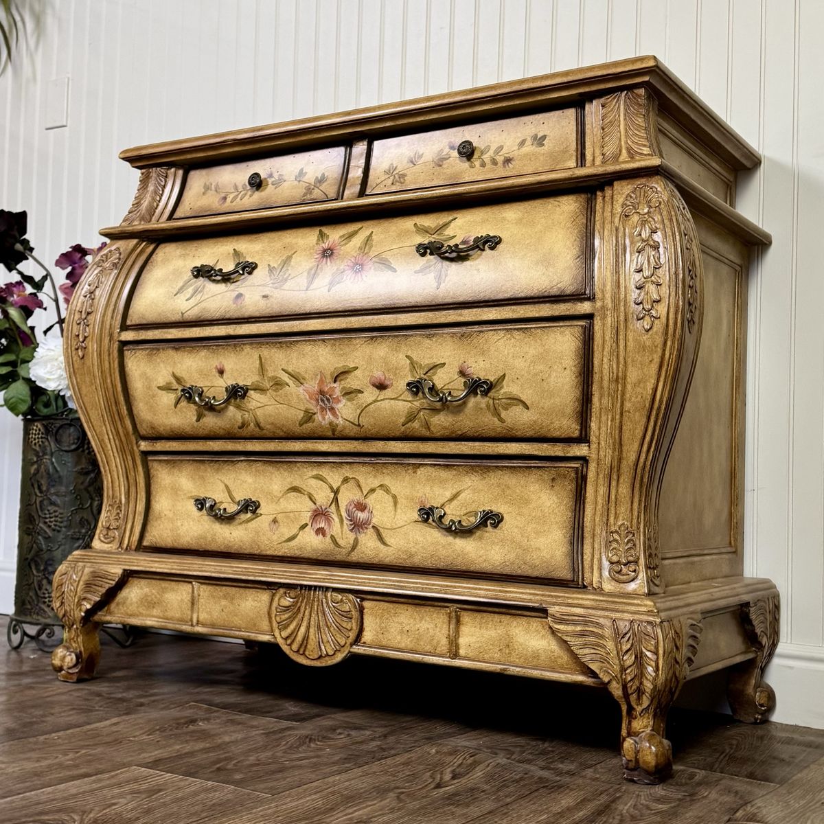 Vintage Painted Floral Bombe Chest of Drawers