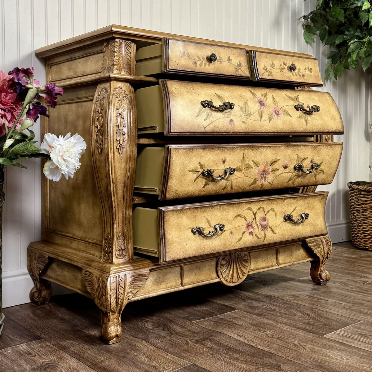 Vintage Painted Floral Bombe Chest of Drawers