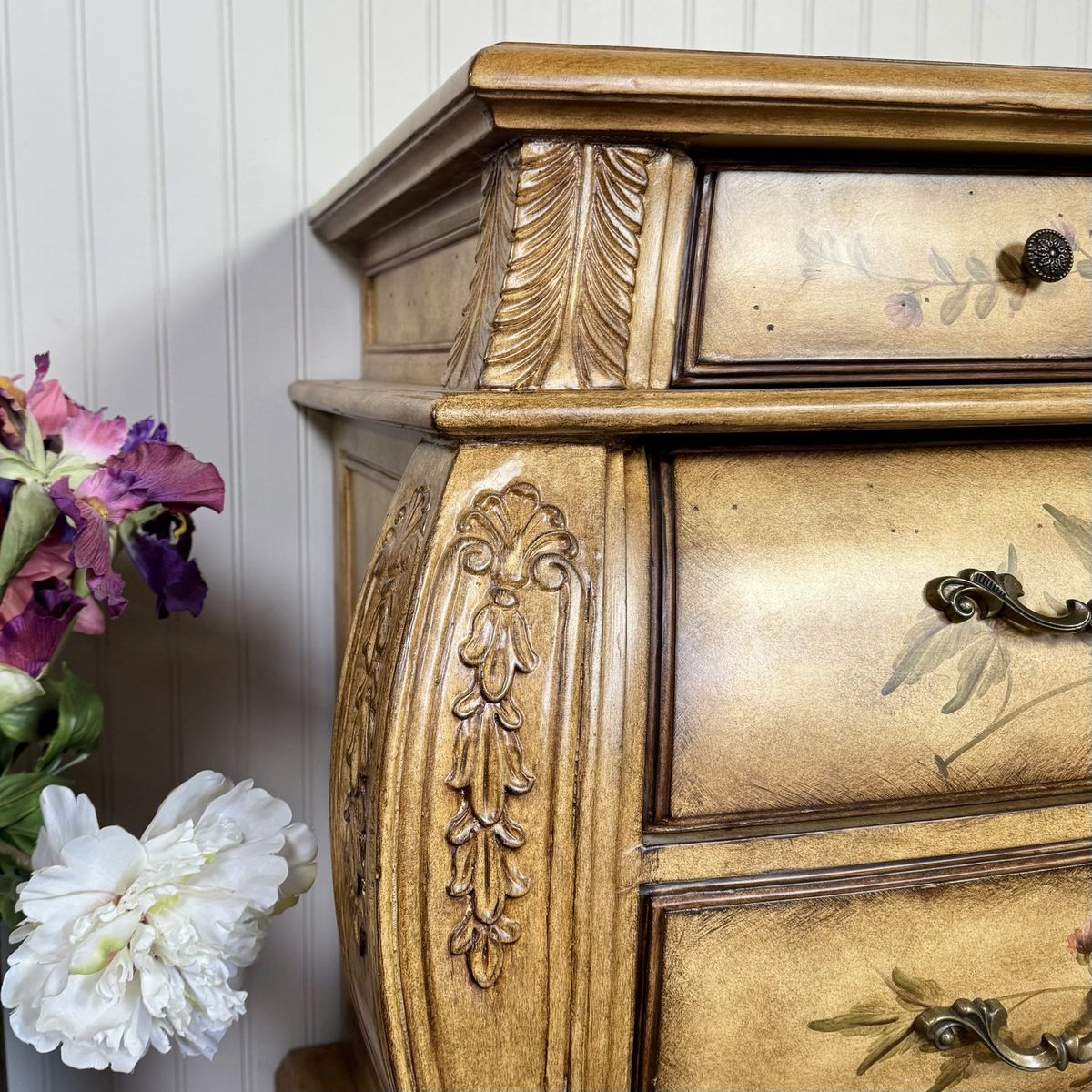 Vintage Painted Floral Bombe Chest of Drawers