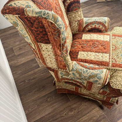 Vintage Patchwork Tapestry Fabric Wingback Chair