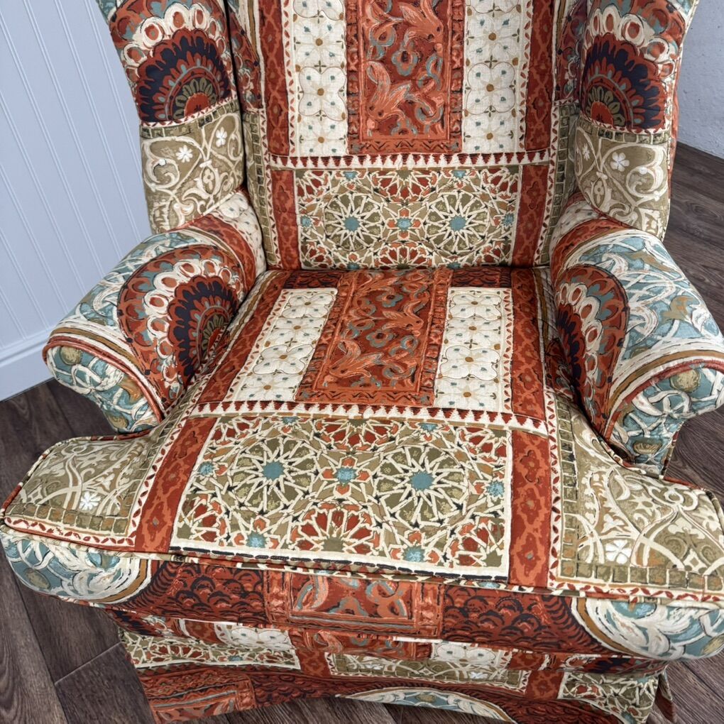 Vintage Patchwork Tapestry Fabric Wingback Chair