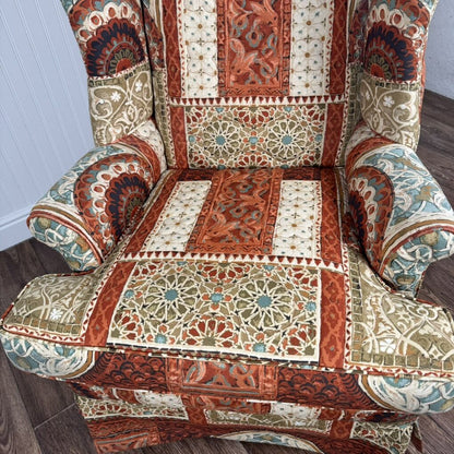 Vintage Patchwork Tapestry Fabric Wingback Chair