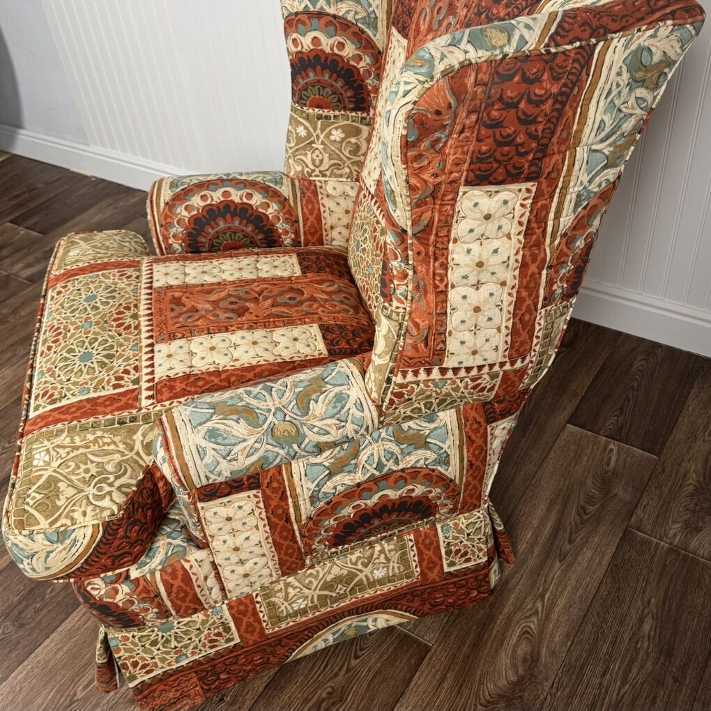 Vintage Patchwork Tapestry Fabric Wingback Chair
