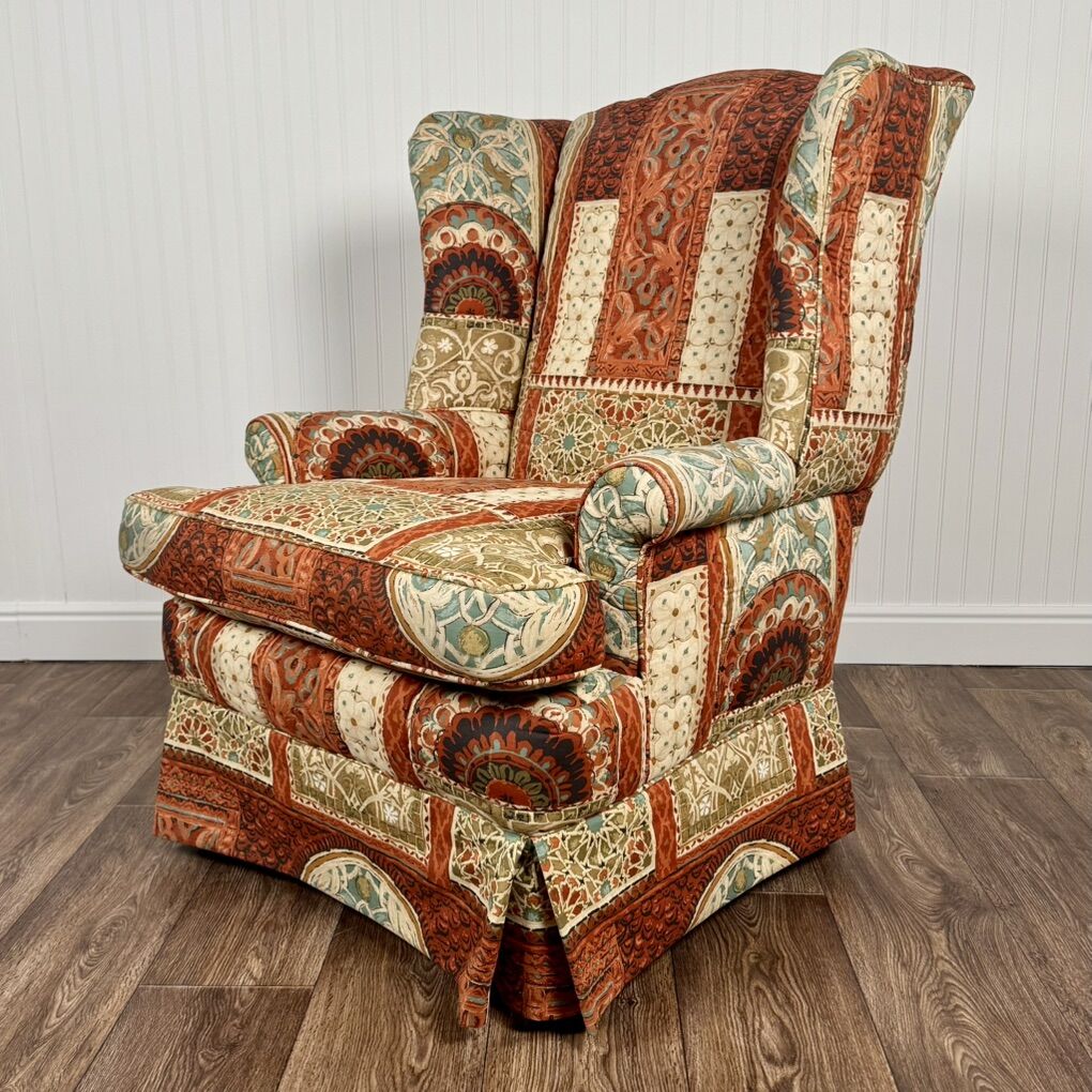 Vintage Patchwork Tapestry Fabric Wingback Chair