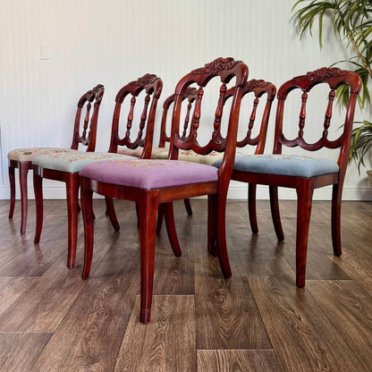 6 Vintage Victorian Rococo Revival Balloon-Back Dining Chairs with Needlepoint Seats