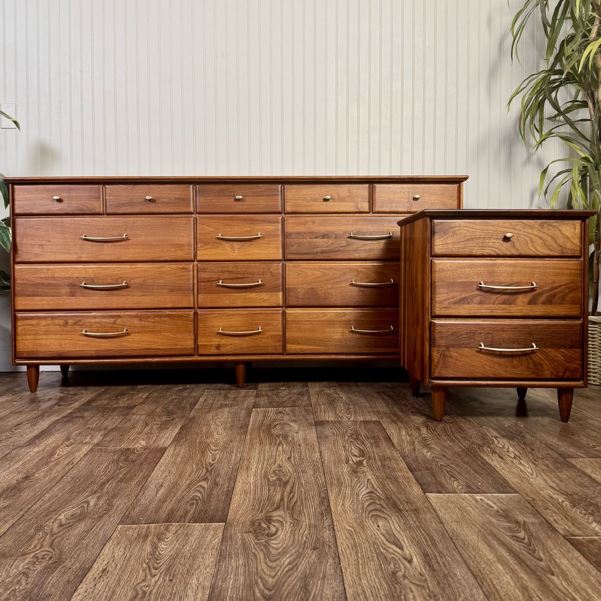 Vintage 1961 Solid Walnut MCM Dresser and Nightstand Set