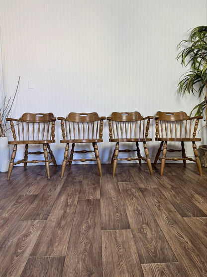 Vintage Solid Wood Windsor Spindle Captain’s Chairs – Set of 4