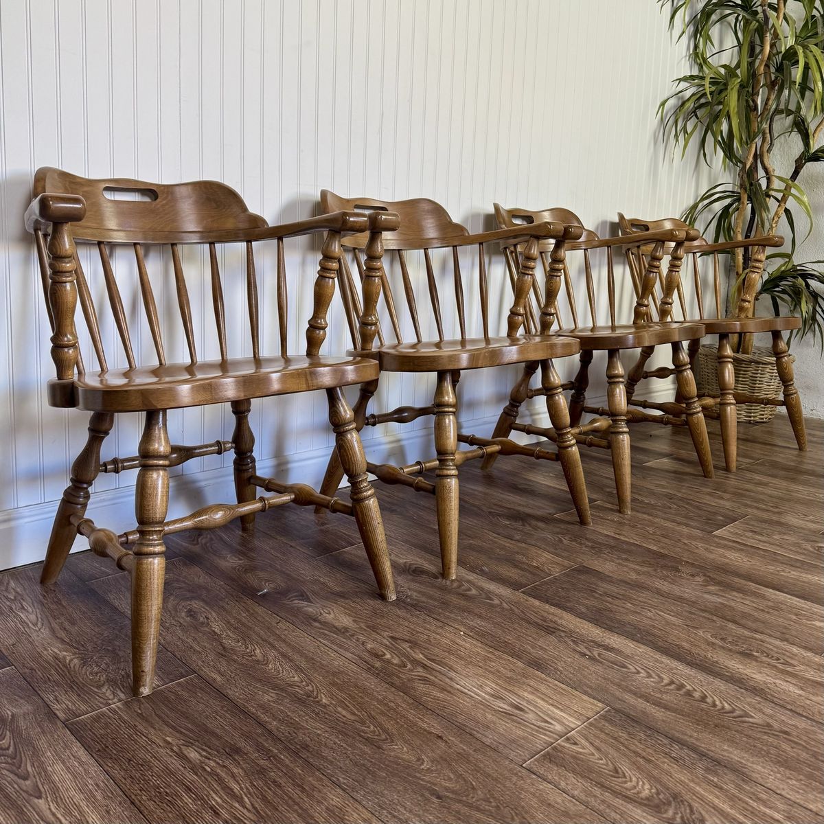 Vintage Solid Wood Windsor Spindle Captain’s Chairs – Set of 4