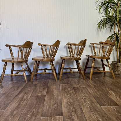 Vintage Solid Wood Windsor Spindle Captain’s Chairs – Set of 4