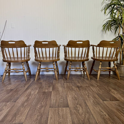 Vintage Solid Wood Windsor Spindle Captain’s Chairs – Set of 4