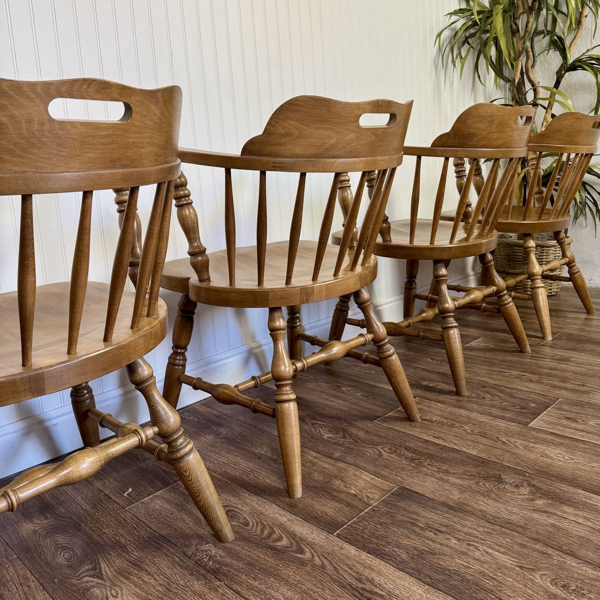 Vintage Solid Wood Windsor Spindle Captain’s Chairs – Set of 4
