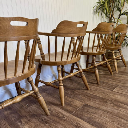 Vintage Solid Wood Windsor Spindle Captain’s Chairs – Set of 4
