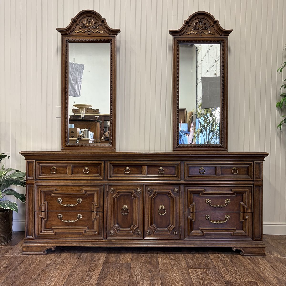 1971 Vintage Thomasville Spanish Revival Triple Dresser with Two Mirrors