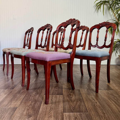 Set of 6 Vintage Victorian Rococo Revival Balloon-Back Dining Chairs with Needlepoint Seats