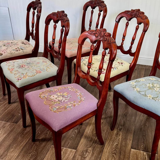 Set of 6 Vintage Victorian Rococo Revival Balloon-Back Dining Chairs with Needlepoint Seats