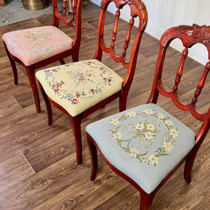 Set of 6 Vintage Victorian Rococo Revival Balloon-Back Dining Chairs with Needlepoint Seats