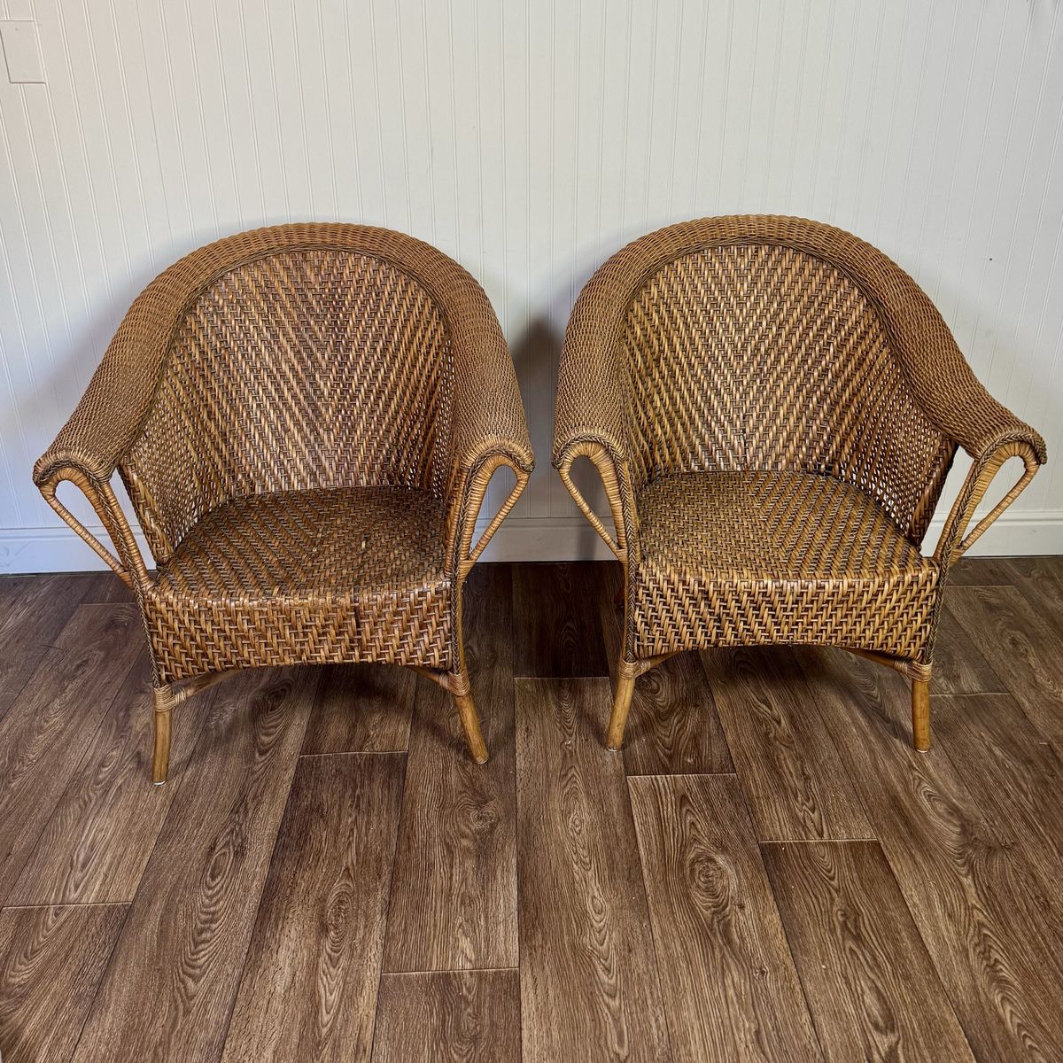 Pair Vintage Wicker Rattan Lounge Barrel Chairs