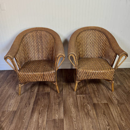 Pair Vintage Wicker Rattan Lounge Barrel Chairs