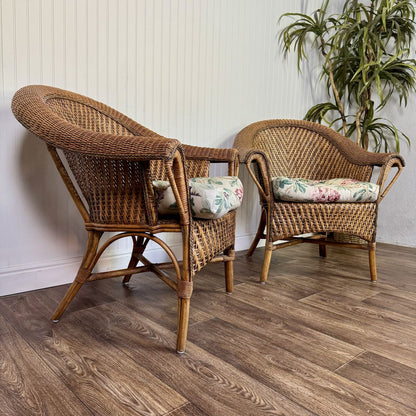 Pair Vintage Wicker Rattan Lounge Barrel Chairs