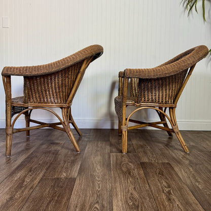 Pair Vintage Wicker Rattan Lounge Barrel Chairs