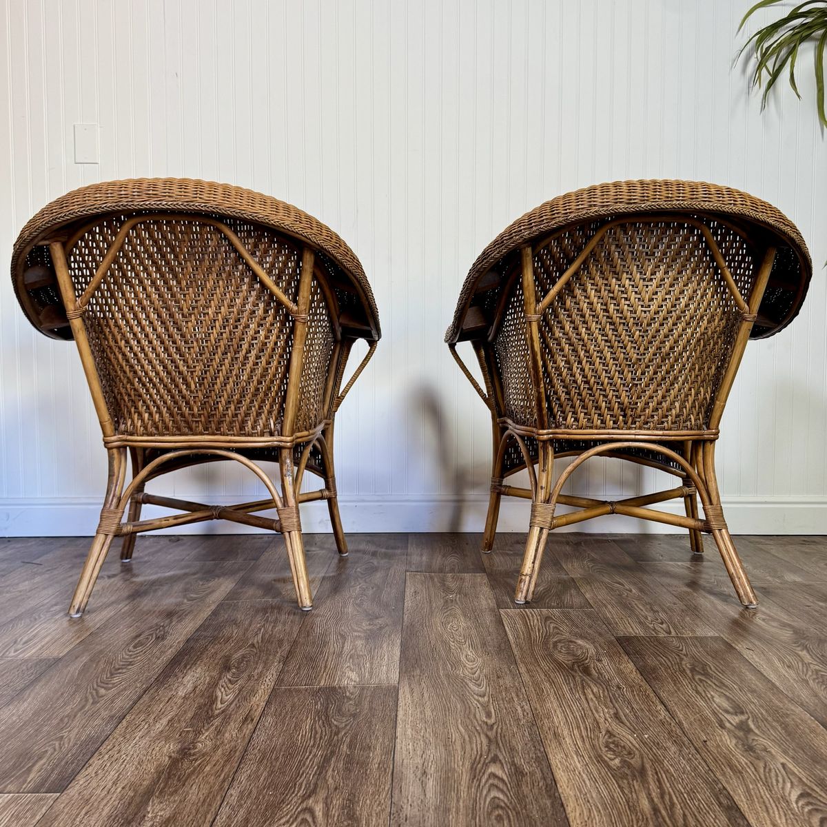 Pair Vintage Wicker Rattan Lounge Barrel Chairs