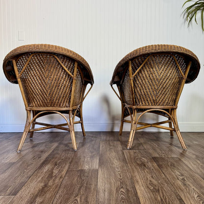 Pair Vintage Wicker Rattan Lounge Barrel Chairs