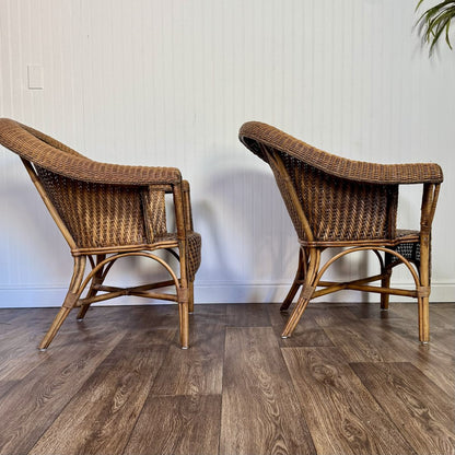 Pair Vintage Wicker Rattan Lounge Barrel Chairs
